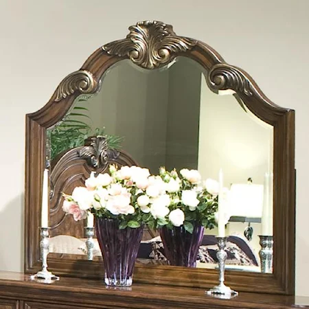 Wood-Framed Dresser Mirror with Waved Top & Applied Carvings